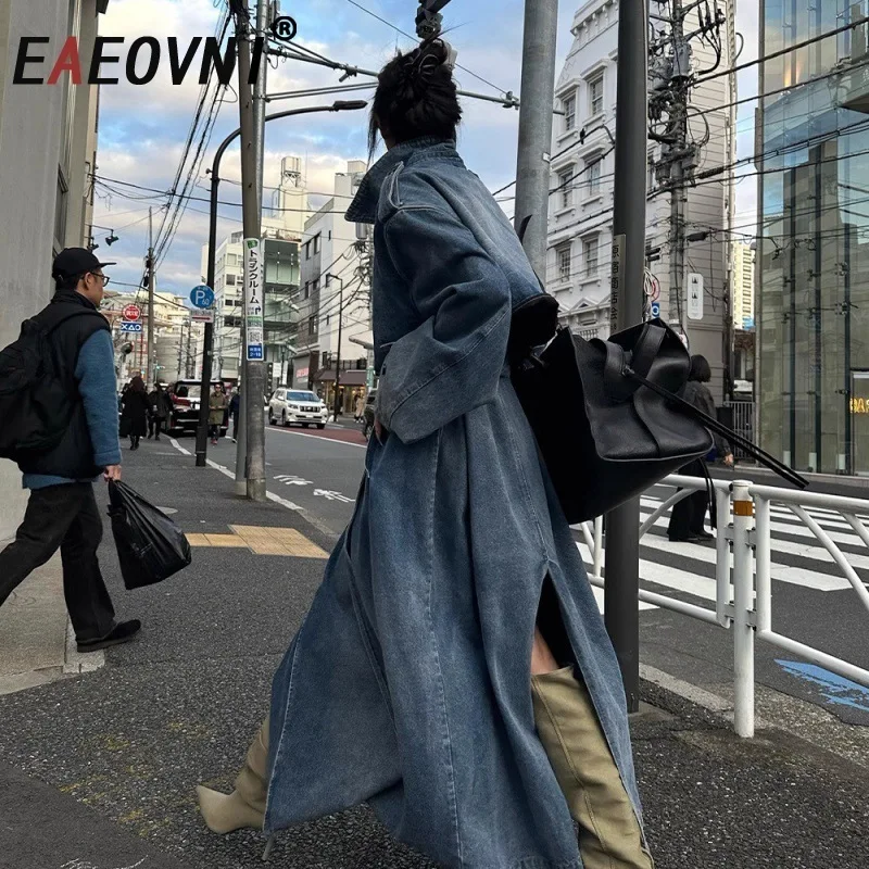

EAEOVNI High Street Blue Denim Long Trench Coat Women Lapel Button Belt Gathered Waist Windbreaker Fashion 2025 Clothing 1A473
