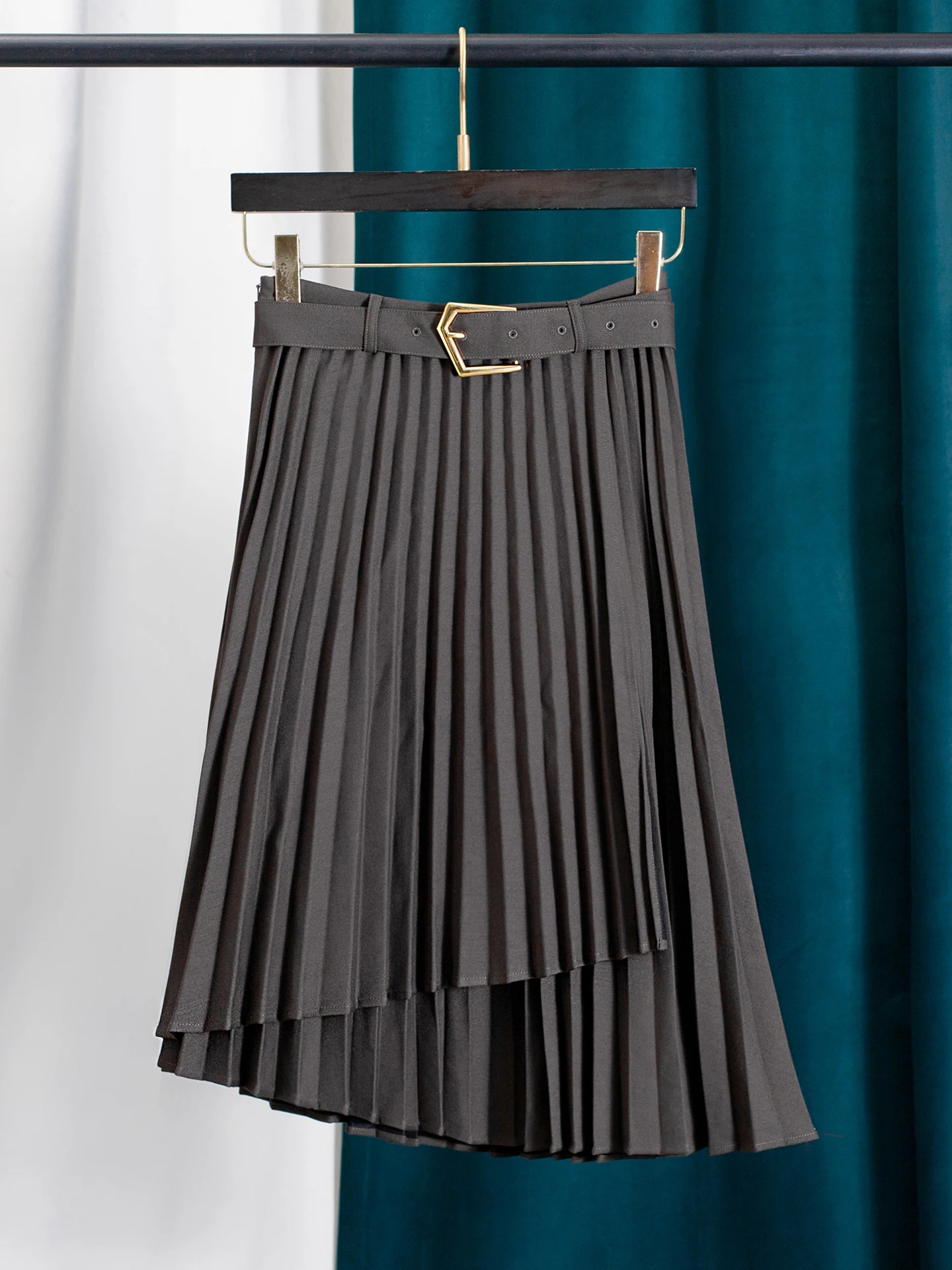 

Повседневная женская юбка миди с высокой талией и поясом, асимметричная, серая, плиссированная, осенне-зимняя, однотонная, из полиэстера