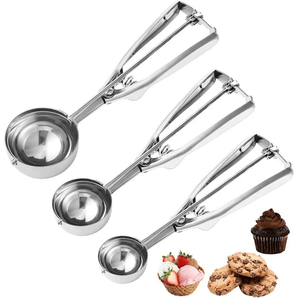 Triple Set Stainless Steel Cookie Dough Scoops - 1, 2, 3 Tbsp Sizes for Baking, Ice Cream, Meatballs, and More