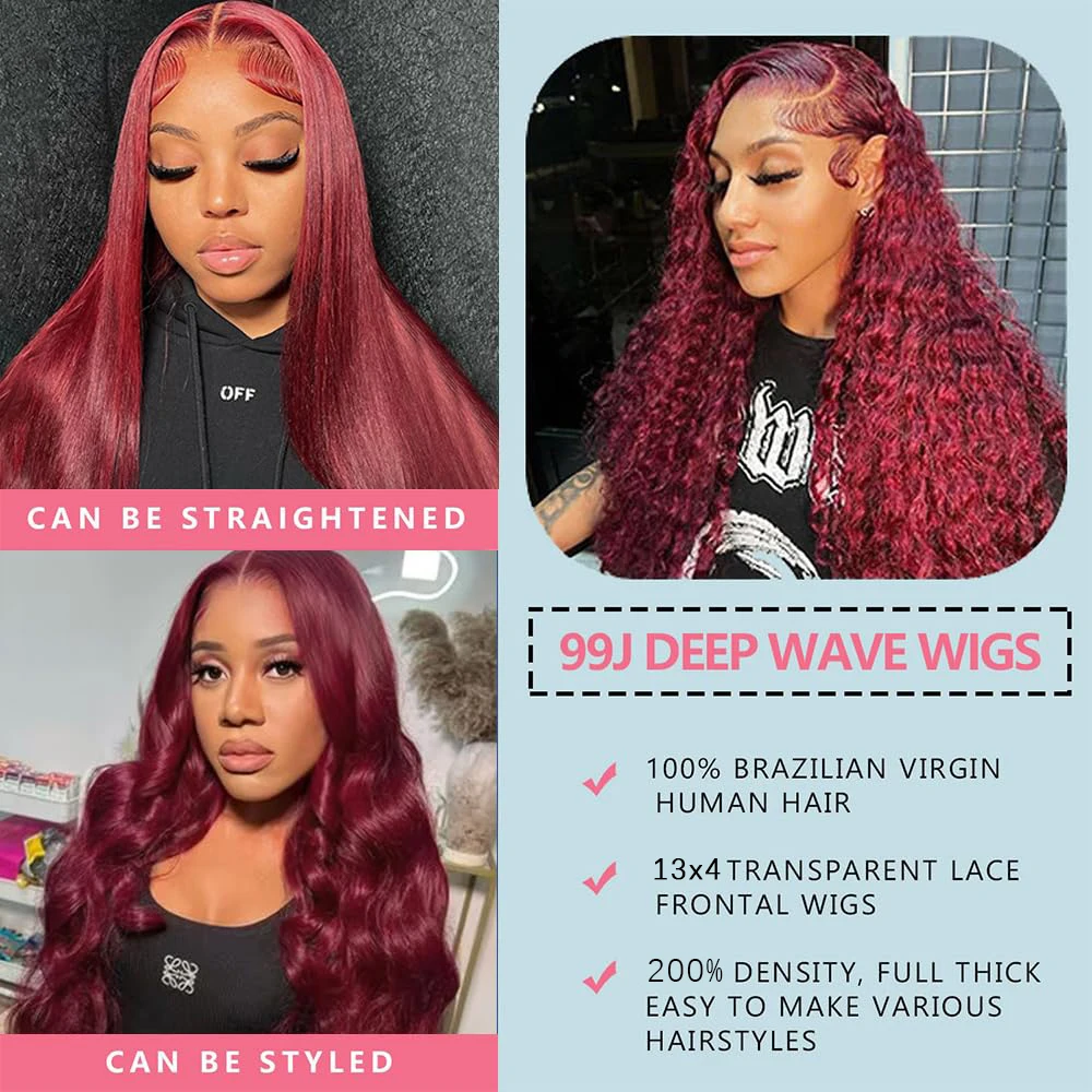 200密度 13x4 カール 99J バーガンディ レースフロントウィッグ 赤ワイン色 22インチ ディープウェーブ ブラジリアンHDレースフロント 人毛ウィッグ
