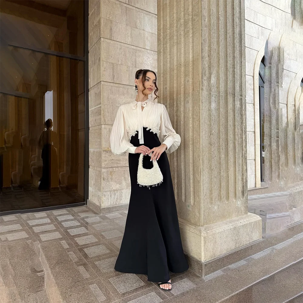 

Contrast Color Evening Dress High Neck Long Sleeves Mermaid Evening Gown for Women Long Elegant Formal Party Dress Customized