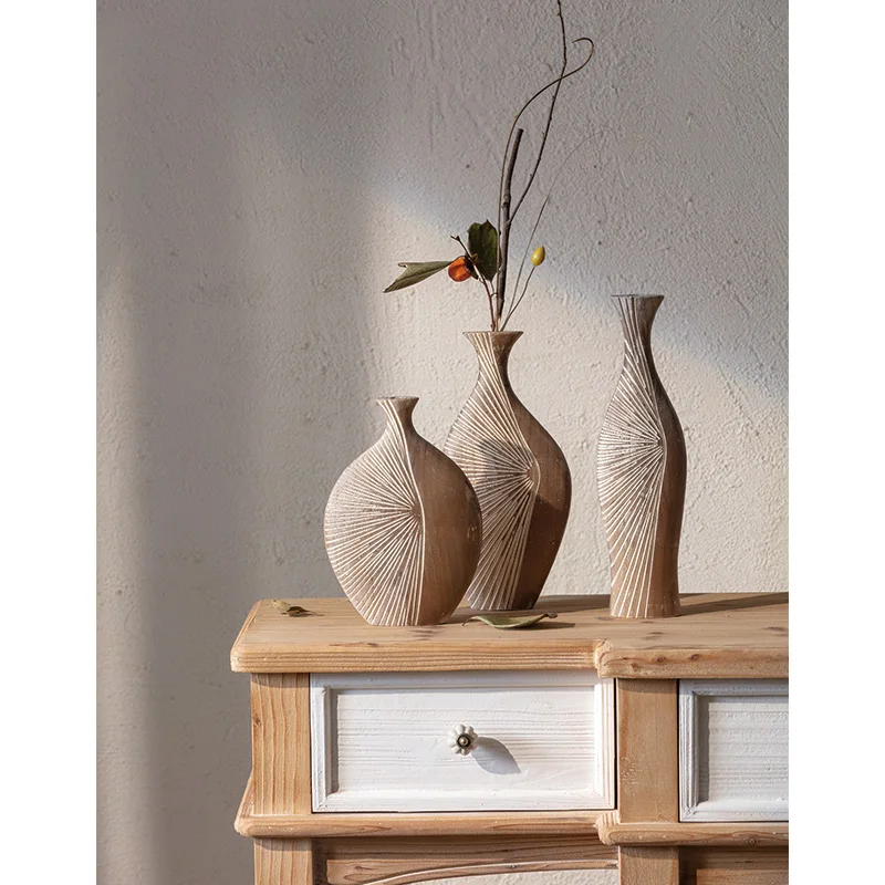 Sunburst Carved Pine Wood Vase, Handcrafted, Minimalist Tabletop Decor, Modern Nordic Accent, Natural Home Decoration