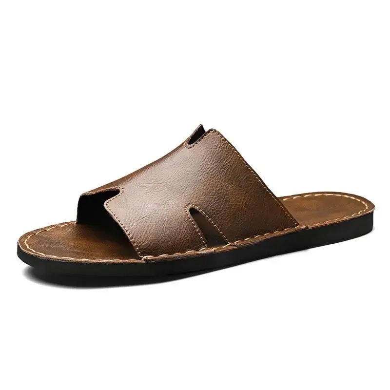 Large Size Beach Sandals Men's Casual Outdoor Wear Personality Exposed Foot Skin Shoes Microfiber Upper Leather Slippers