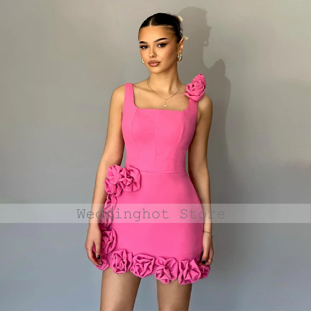 Hot Pink Party Dress Mini 3D Flowers Tank Square Collar Short Cocktail Gowns for Women Sheath Sleeveless Homecoming Dresses