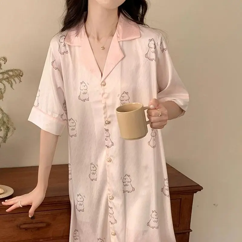 High-end Cool Thin Smooth and Soft Ice Silk High-value Loose Shirt Pajamas Skirt Cute Rabbit Wind Nightdress Women's Long Dress