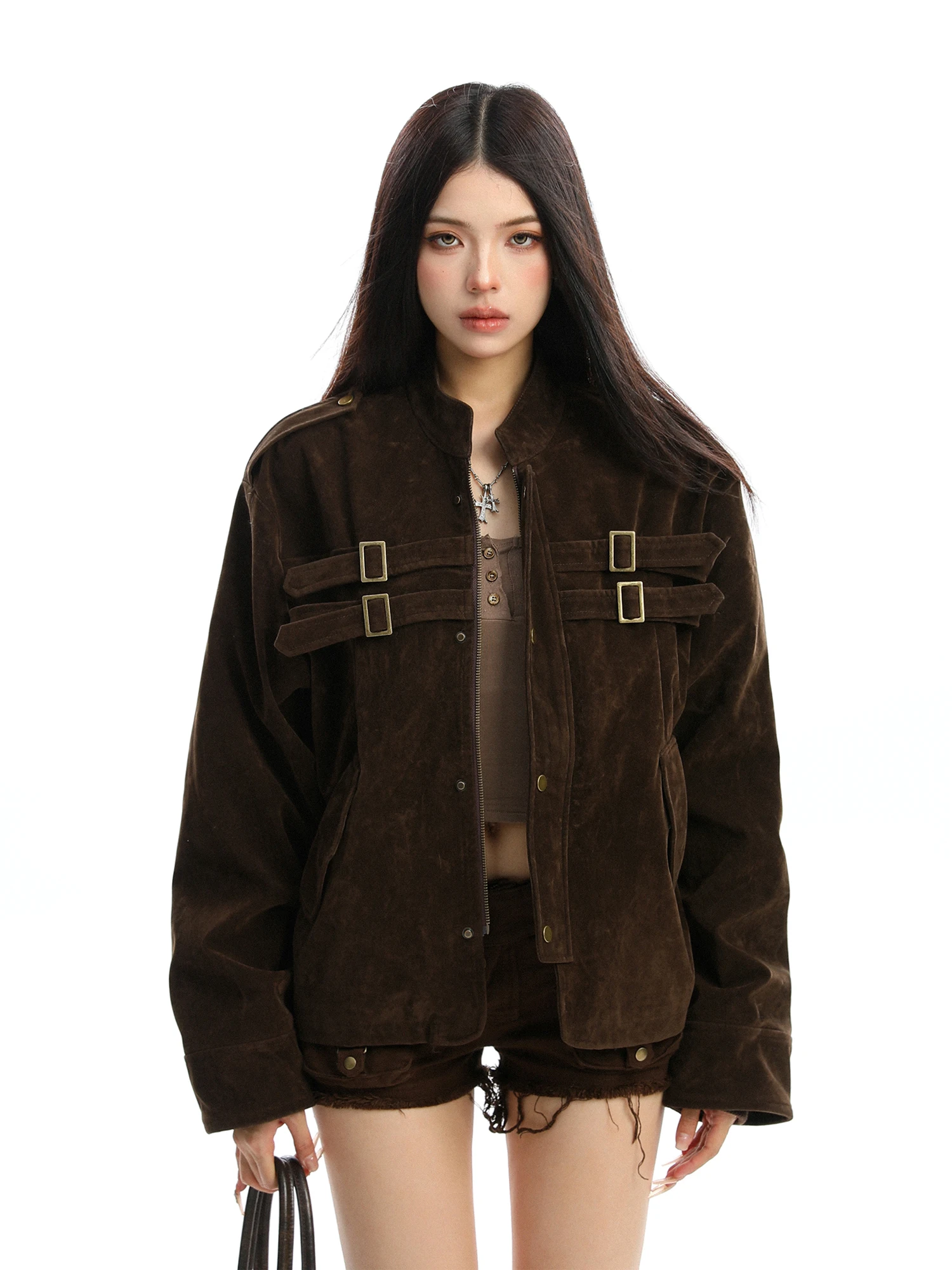 

Ретро-куртка из замши в американском стиле для женщин, осенне-зимняя, новая модель с комбинированным дизайном, воротник-стойка, верхняя одежда, кофейный цвет, женское пальто