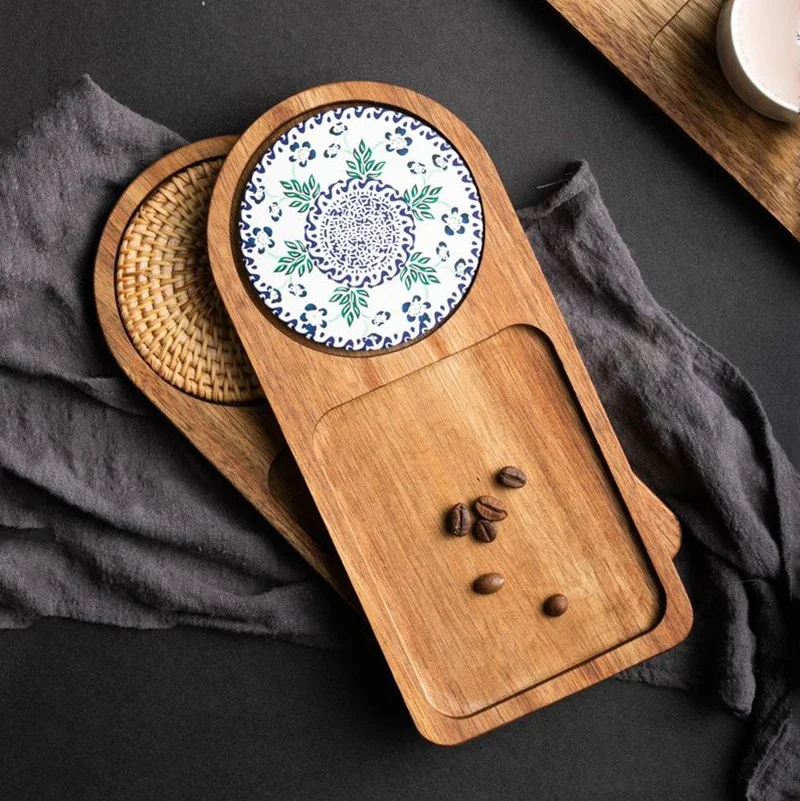 Tea Tray Coffeeware Teaware Wood Plate Breakfast to Serve Food Coffee Cup Mat Coaster Table Home Decor bandeja cafe cozinha