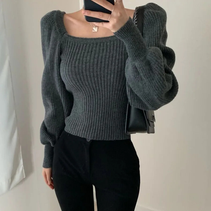 Autumn Winter Knitted Sweater For Women Fashion French Vintage Elegant Square Collar Solid Sweater Chic Soft Loose Female Jumper