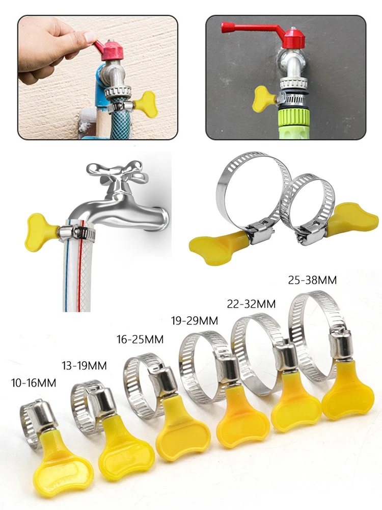 5 pcs 8-44mm Adjustable Yellow Plastic Handle Hand Twist Hose Clamps Worm Driving 201 Stainless steel Pipe Clips For Tube