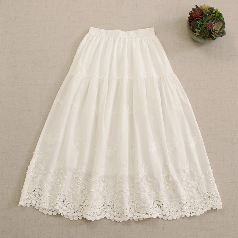 

Юбка женская хлопковая с вышивкой, милая Повседневная Свободная белая трапециевидная юбка в японском стиле девушки Мори, Харадзюку, с эластичным поясом, весна-осень
