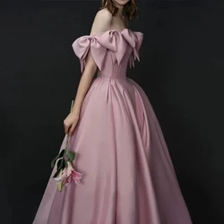 Rose Pink Bridesmaid Dress A Line Bow Princess Off Shoulder Strapless Customize Bridal Engagement Party Evening Homecoming Gown