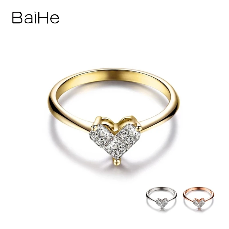 

BAIHE Solid 18K Yellow Gold 0.45ct H/SI Princess Three Natural Diamonds Engagement Women Trendy Fine Jewelry Diamond Heart Ring