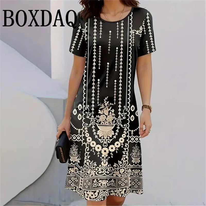 Lady New Dress 3D Printed Short Sleeve Mid-Length Dress Fashion Summer Autumn O-Neck Loose Vintage Dress Elegant Women Clothing