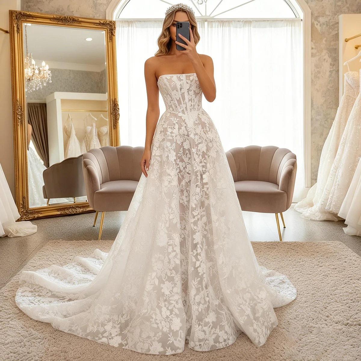 

Роскошное свадебное платье с кружевной аппликацией для женщин, длинное бальное платье без бретелек, свадебное платье для невесты, платье de novia