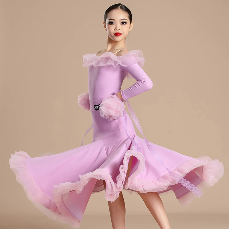 Sukienka konkursowa do tańca latynoamerykańskiego dla dziewczynek, 3 kolory, długi rękaw, kostiumy do tańca towarzyskiego dla dzieci, odzież do tańca XS7607