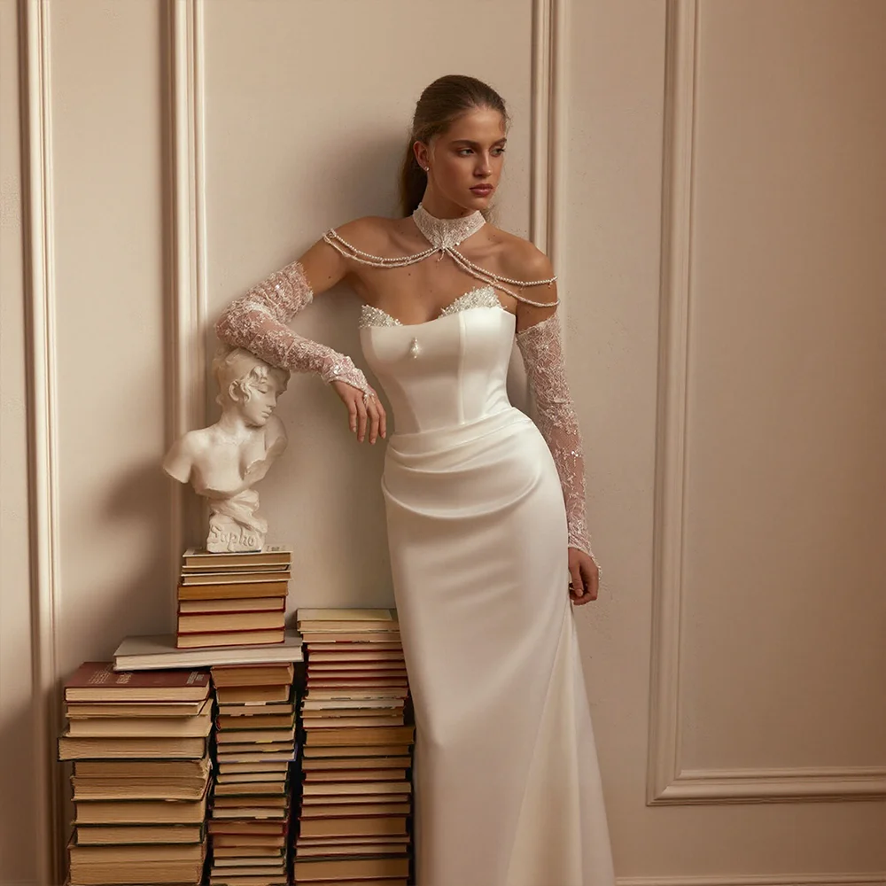 2026 Satin Mermaid Wedding Dress Strapless with Removable Lace Sleeves Pearl Neck Bridal Gown Vestido De Novia Customized