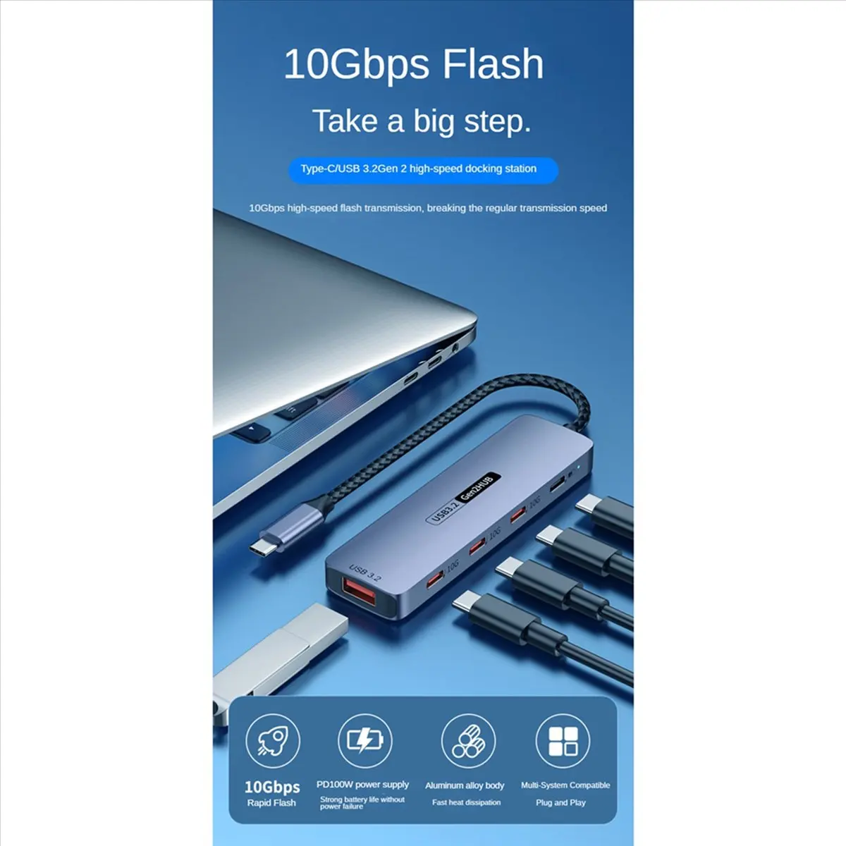 Vogue 2X USB C Hub USB type-c 3.2 HUB 10Gbps haute vitesse PD100W charge USB type-c 3.2 adaptateur séparateur pour ordinateur portable téléphone PC