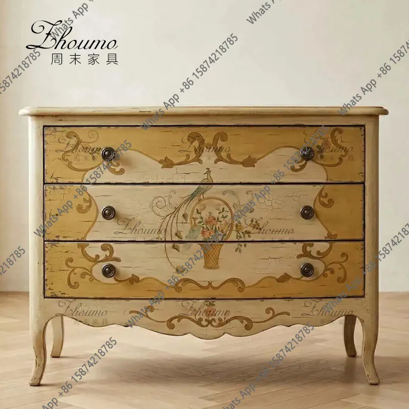 French retro solid wood three-bucket cabinet antique master bedroom painted locker drawer living room decorative cabinet