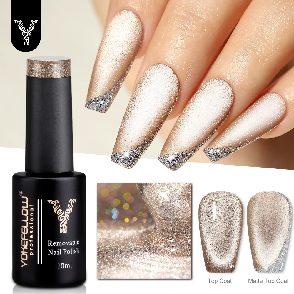 

YOKEFELLOW Glitter Cat Eye Magnetic Gel Nail Polish 10ML Gold Holographic Semi Permanent UV Gel Soak Off Sparkling Nail Art