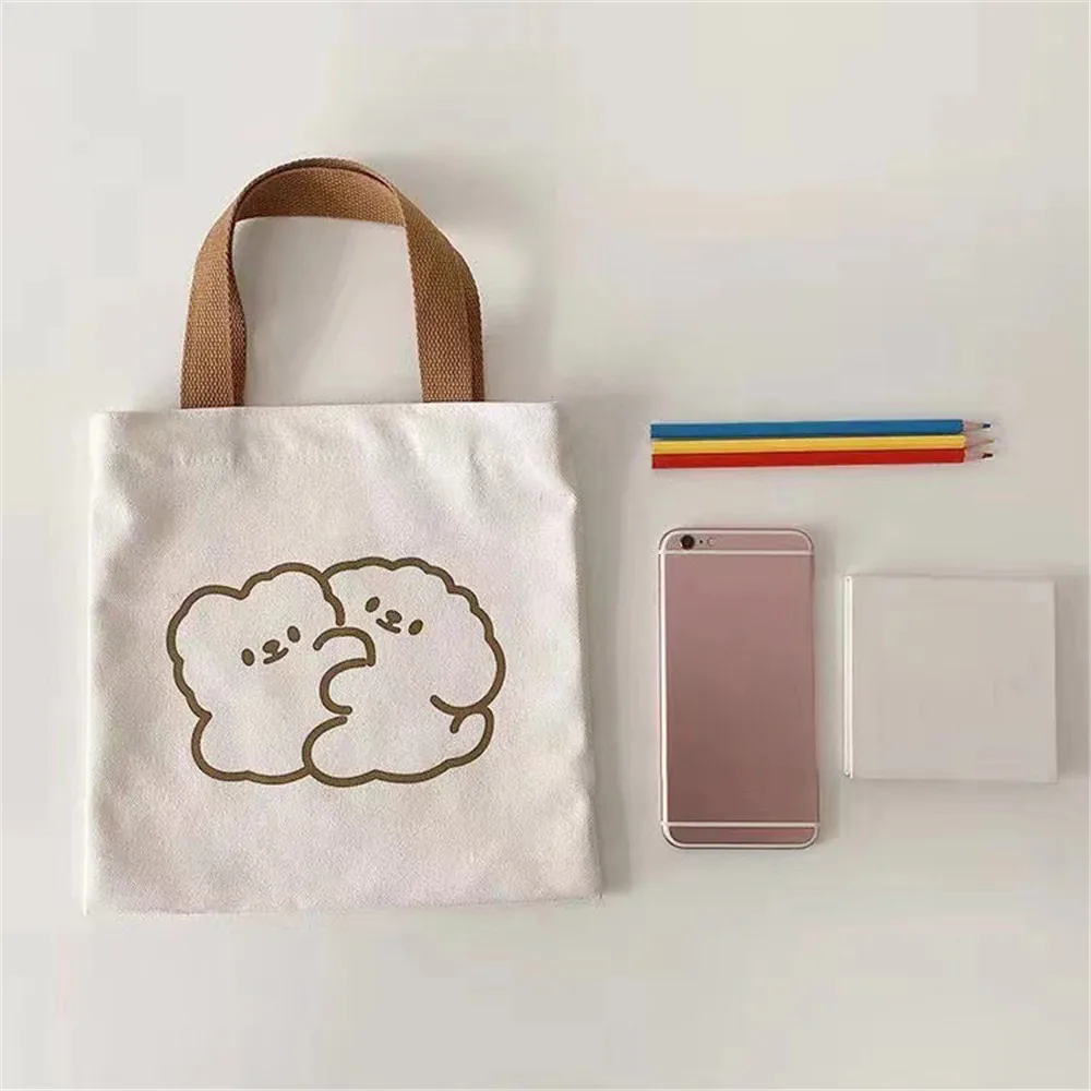 Canvas Tote Portable Reusable Shopping Bag for Women Cute Bear Small Simple Tote Cloth Bag High Quality Handbag Eco-Friendly