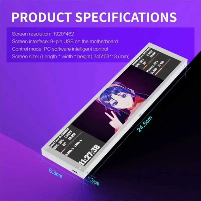 D92 Computer Case Sub-Screen 9.2-Inch Long Strip Screen DIY CPU Temperature Performance Monitoring Black