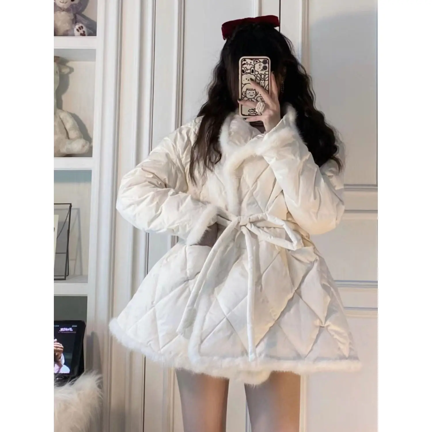 Small Fragrance Gentle Sweet White Rhombus Parkas Fur Collar WaistStand Collar Winter Cotton Coat Thickened Warm Mid-length Coat