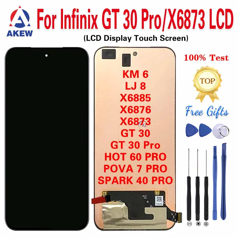 AKEW 정품 인피닉스 GT30 Pro X6873 LCD 디스플레이 핫 60 Pro X6885 터치 스크린 포바 7 Pro 스파크 40 Pro X6876 KM6 LJ8 교체용