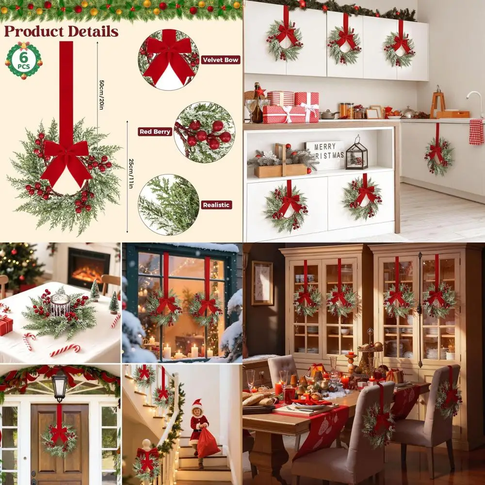 

Set of 6, 11 Mini Christmas Wreaths with Red Berries and Ribbon Bows for Indoor/Outdoor Holiday Decor