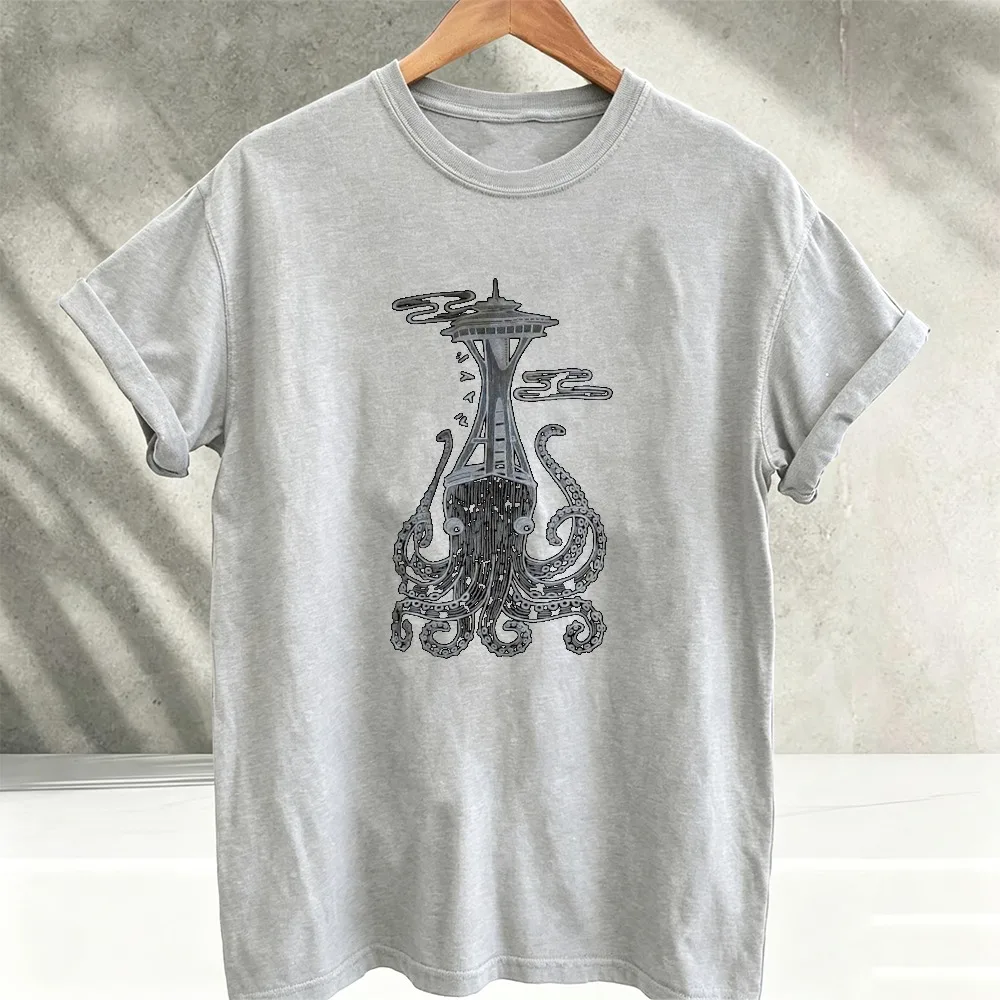 Seattle Space Needle Octopus Graphic T‑Shirt Crew Neck Short Sleeve Vintage Sea Monster Octopus Print Soft Cotton Casual Tops