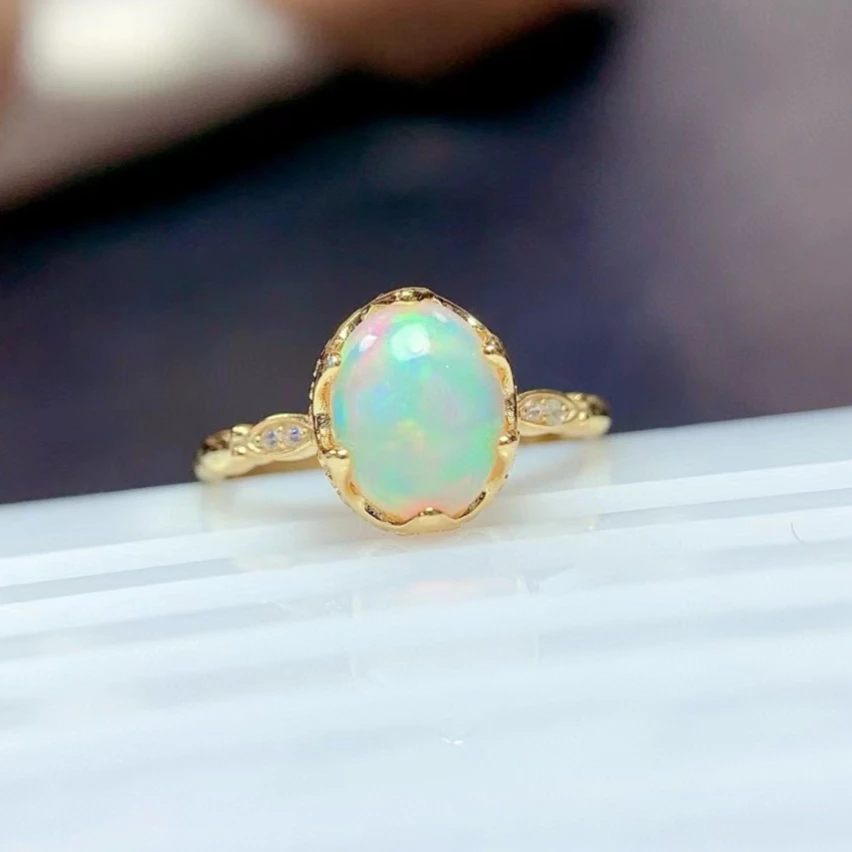 Hotsale Natural Opal Ring 7mm*9mm Genuine White Opal 925 Silver Jewery 18K Gold Plated Silver Ring for Women