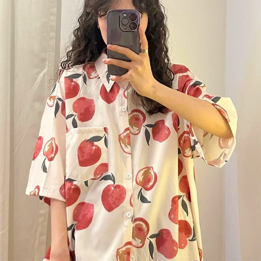 Retro Cute Fruit Peach Full Print Short Sleeve Shirts Harajuku Students Loose Oversized Summer Blouse Button Up Camisa Goth Coat