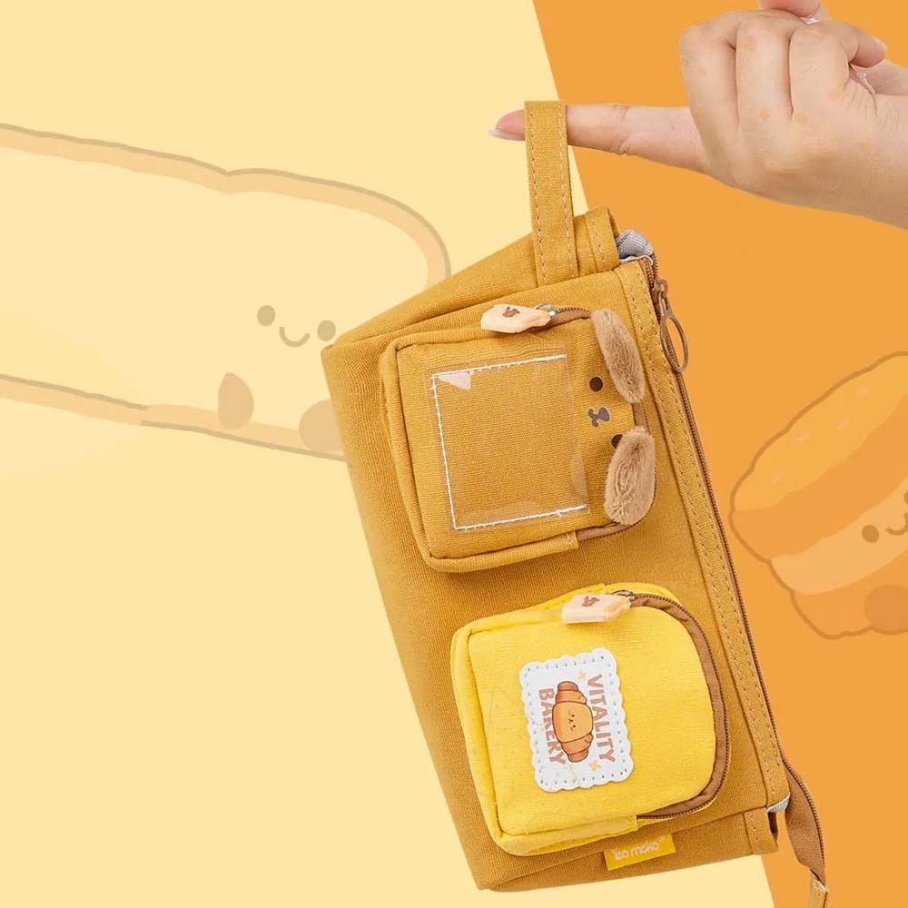 Bolsa de lona para bolígrafos de dibujos animados de gran capacidad, bolsa de lápices de oso bonito de PVC con queso de fresa, bolsa de almacenamiento de papelería portátil para cachorros y pudín