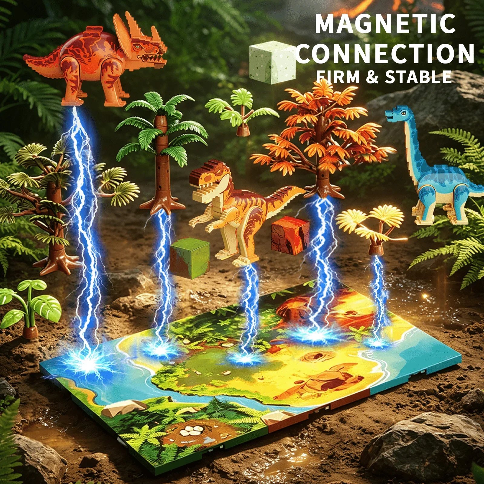 Magnetic Dinosaur Assemble To Create An Original Island Scene, with Realistic Accessories for The Wild and Forest Environments