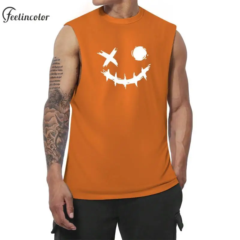 Tear The Grimace Men Vest Halloween Orange Printed Tank Tops Round Neck Gym Sleeveless Shirt Summer Casual Male Clothing