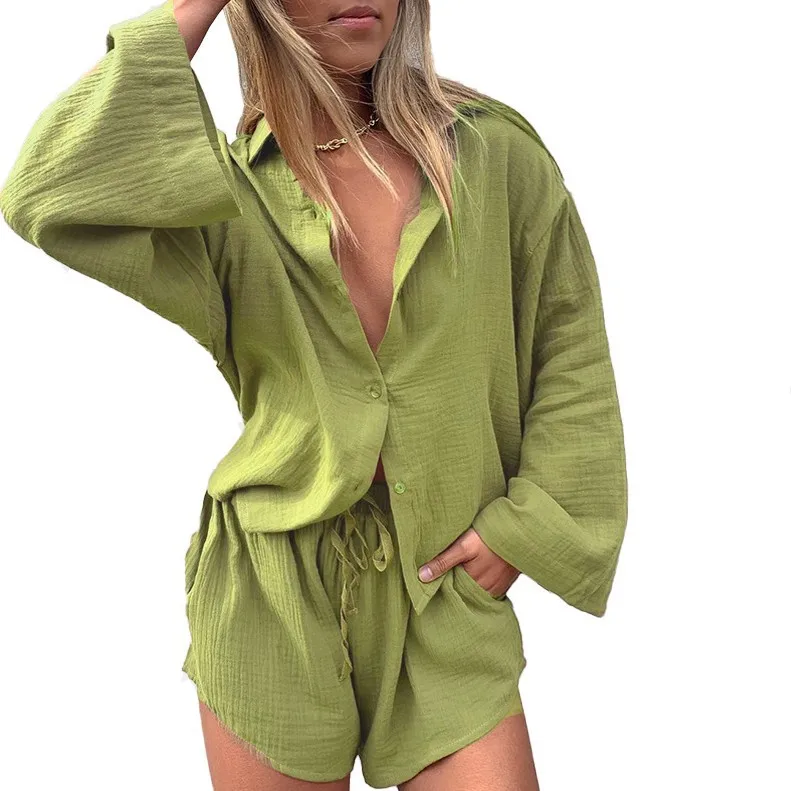 Camicia casual in cotone e lino Set di pantaloncini Camicie con maniche svasate alla moda Completi Camicie larghe primavera estate + pantaloncini Set di due pezzi