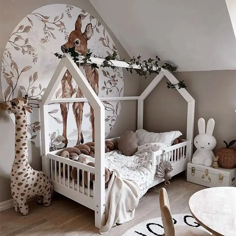 سرير أطفال من الخشب الصلب، سرير الأميرة للفتيات مع أرضية درابزين، توسيع الربط للأطفال الرضع #2