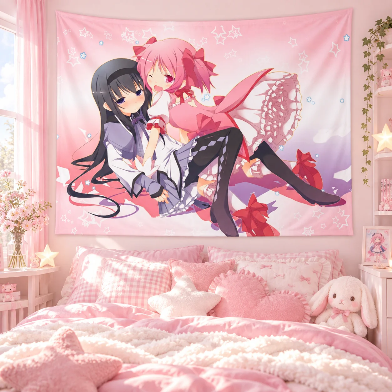 Sweet Anime Girls Wall Hanging Tapestry HD Fabric Poster Pink Star Lolita Style Art Print Dorm Bedroom Wall Decor