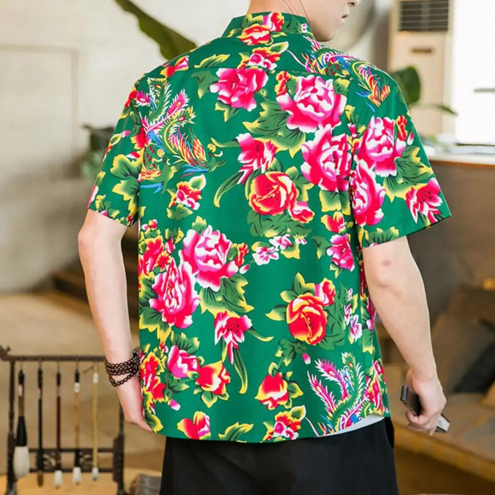 

Short Sleeve Slim Fit Shirt Chinese Style Men's Summer Shirt with Stand Collar Vintage Northeastern Flower Pattern Short Sleeve