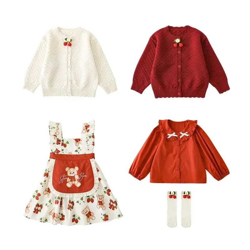 Casaco de camisa solta urso bonito feminino, saia de cinto infantil, camisa dos desenhos animados do bebê, novo, primavera, outono