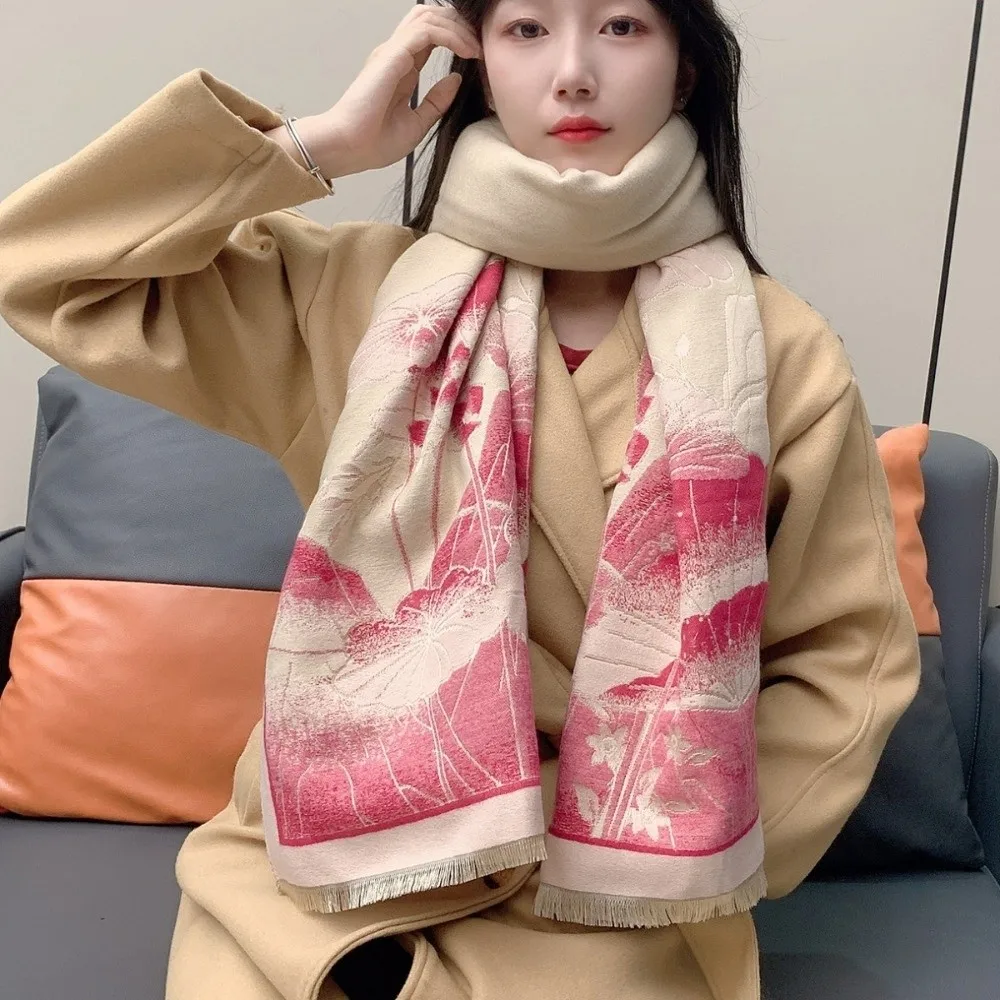 Chinese Style Imitation Cashmere Scarf Ink Painting Theme Double-sided Pashmina Blanket Thick Warm Poncho Scarves Winter Season