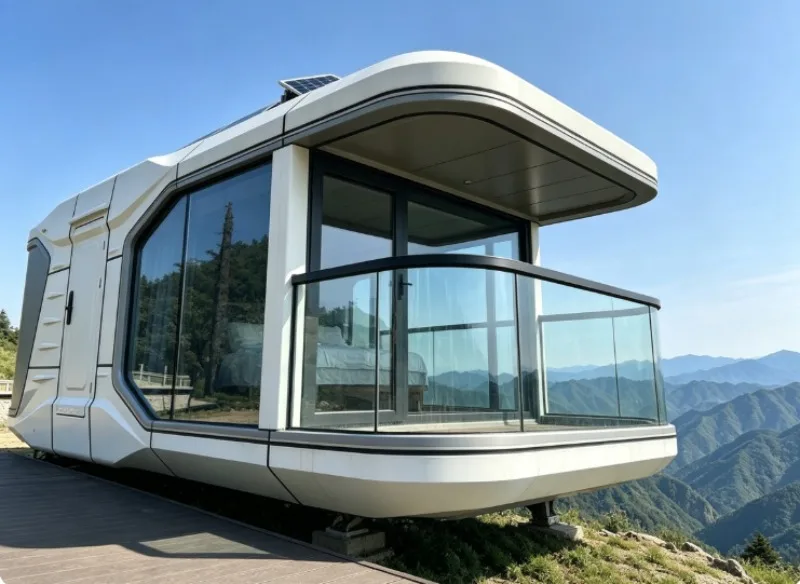 Modern Prefab Capsule House Featuring Large Panoramic Low‑E Glass And Anti‑Theft Smart Door Lock For Outdoor Hospitality Use