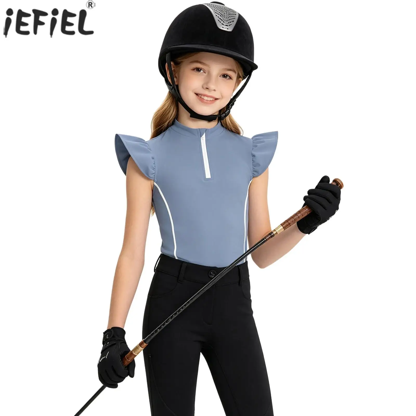 Kids Girls Horse Riding Shirt Ruffled Sleeves Equestrian Top Quick Dry Half Zip Sports Shirts Horsemanship Workout Sportswear