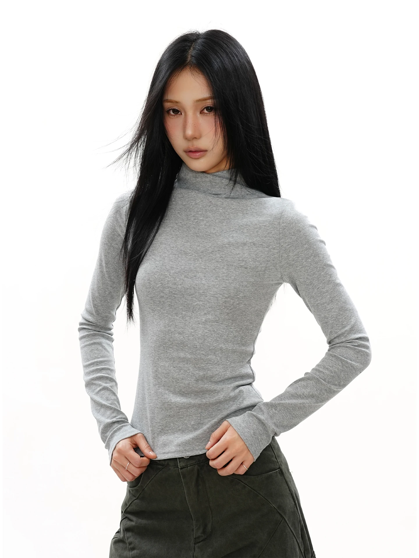 

Slim Fit Long Sve T-irt Women's High Collar Base Layer irt ow Slim Pure Color Top American Sle Cotton Spandex