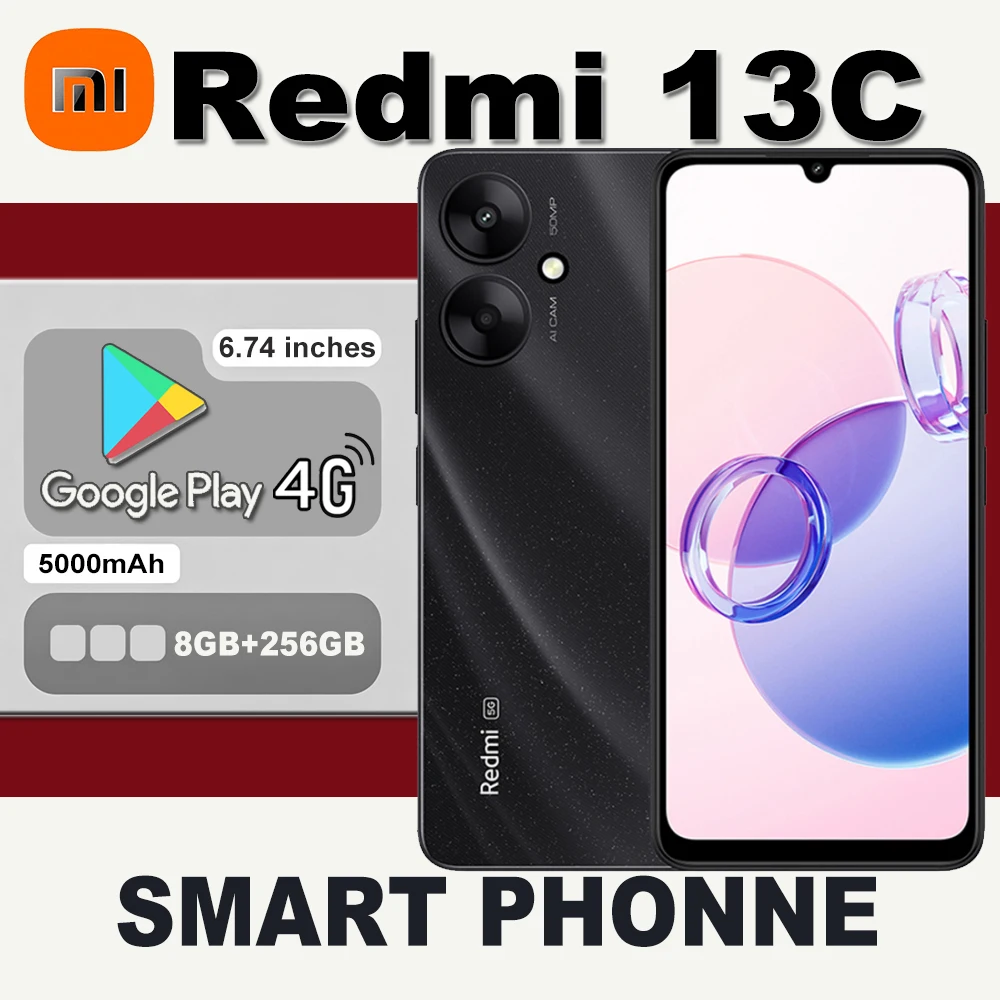 XIAOMI Redmi 13C, teléfono inteligente original y moderno, 8GB+256GB/5000mAh, batería de larga duración, huella dactilar lateral, reconocimiento facial, compatible con NFC