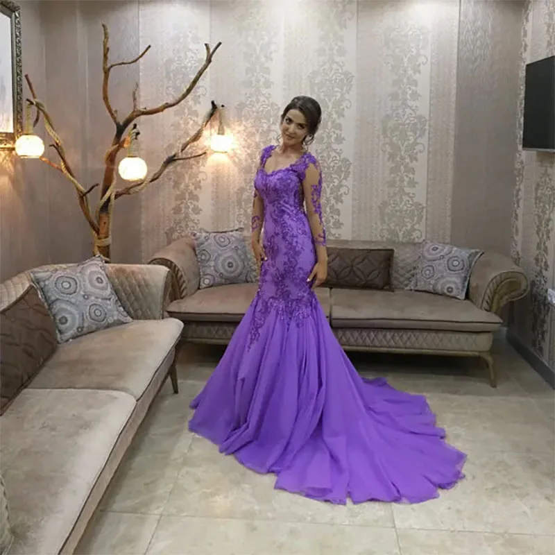 Purple Mermaid Women Special Occasion Prom Dresses With Long Sleeves Glamorous Lace Appliques Beaded Formal Party Gowns