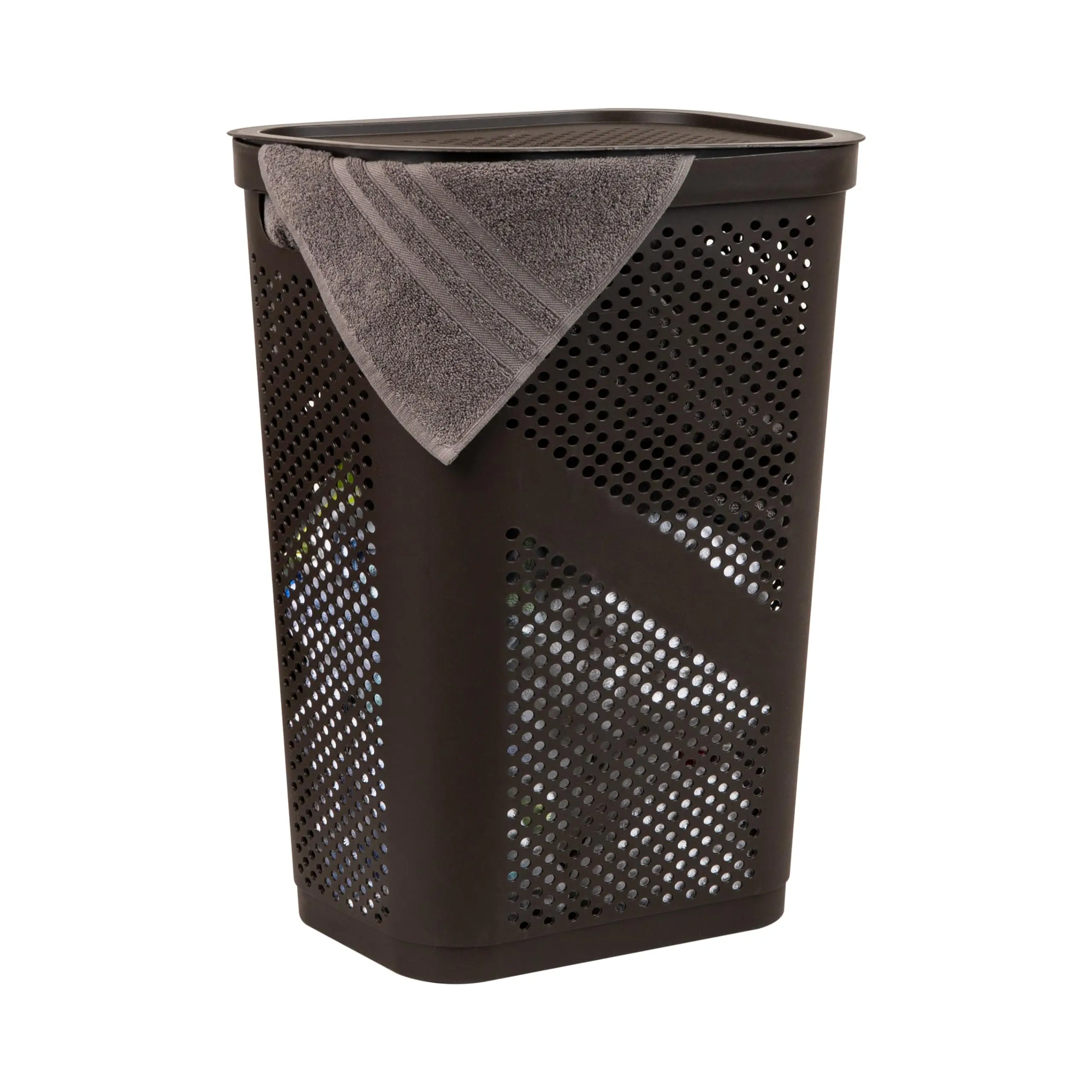 

Ventilated 60L Plastic Laundry Hamper With Lid, Slim Design, Black Perforated Basket