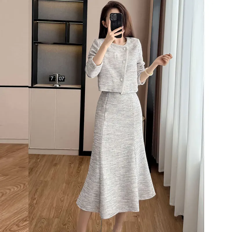 Sweet taro purple coarse tweed 2-piece set jacket+skirt 2026 new small fragrant style autumn/winter women's clothing