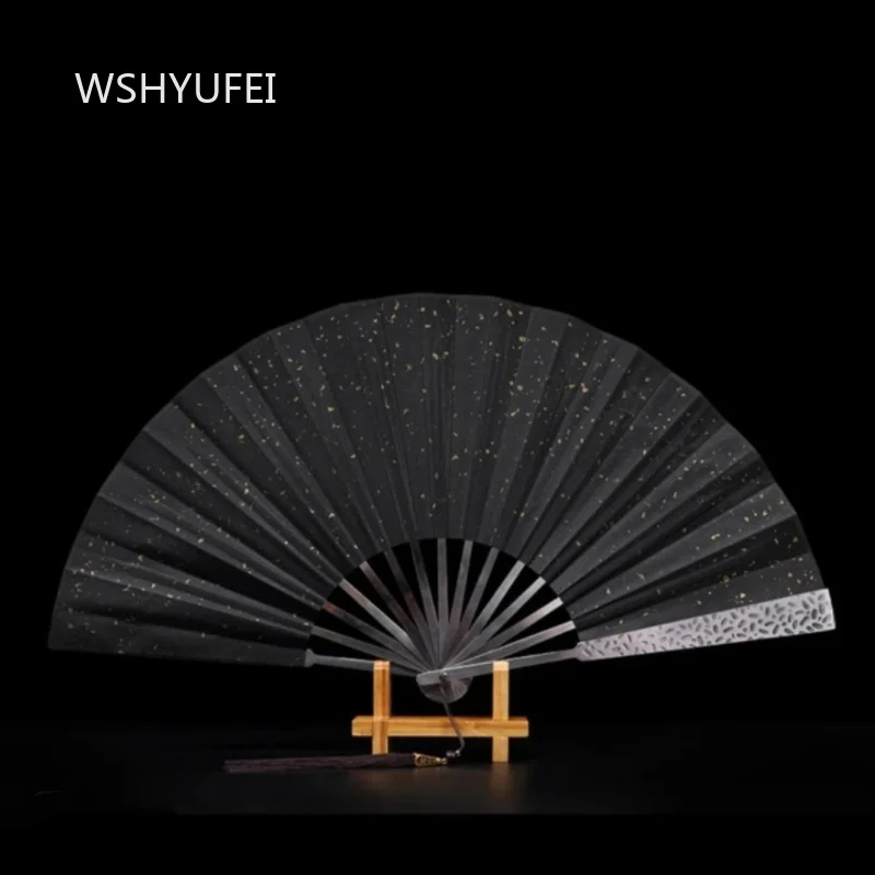 Chinese Style Metal Frame Folding Fan Black Gold‑Speckled Paper Surface Hand Fan with Tassel Portable Decorative Performance Fan