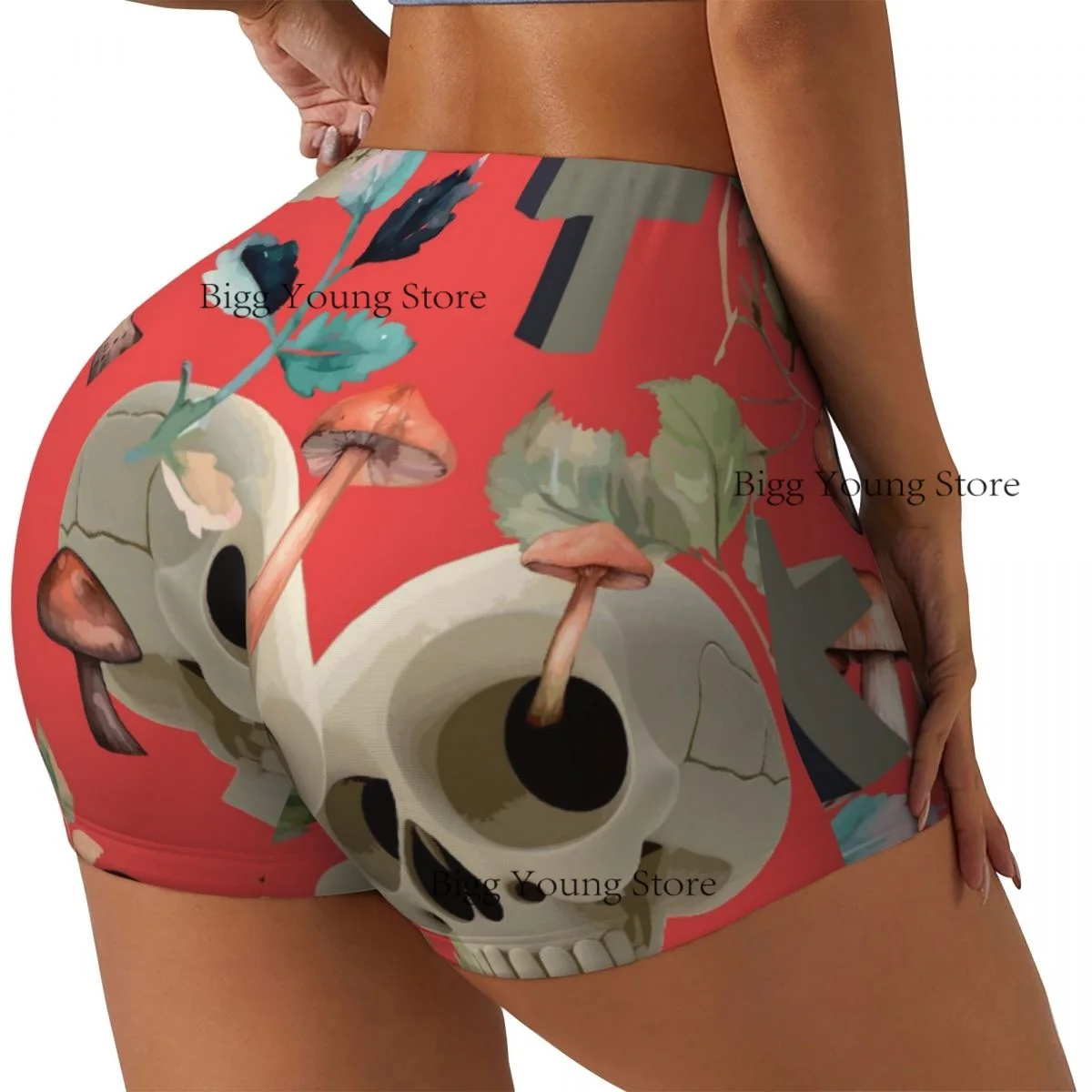 Damskie szorty do jogi z motywem szkieletów, czaszek i kwiatów, szybkoschnące spodenki do ćwiczeń, fitness, na siłownię, do biegania, modelujące pośladki, odzież sportowa.