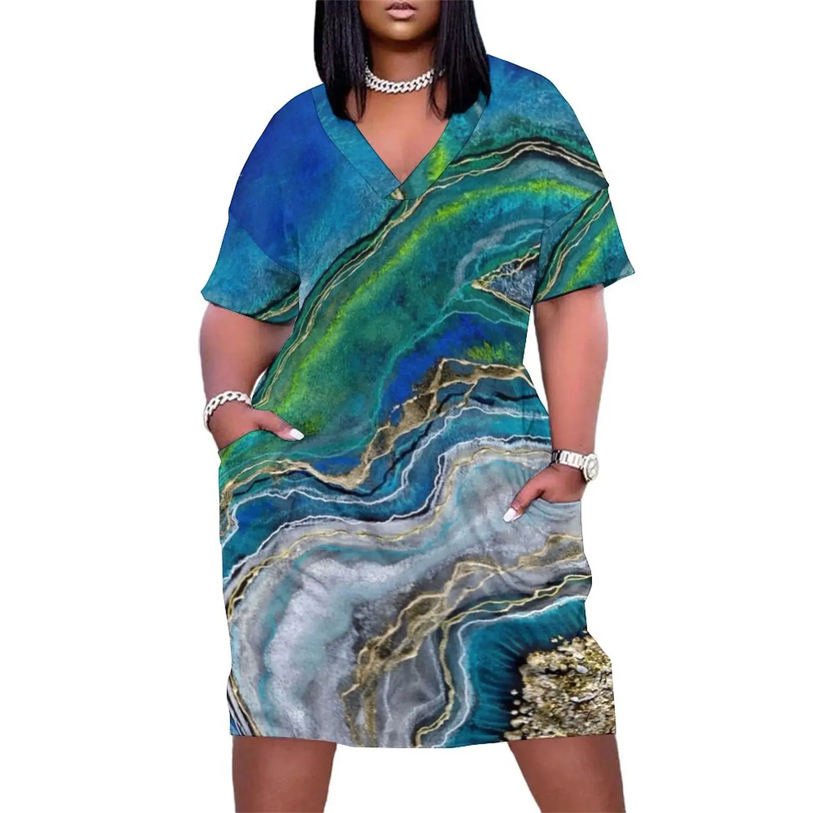 

Ocean Geode / Geode Painting / Turquoise / Green Geode Agate Blue Ocean Waves Agate Loose Pocket Dress summer dress korean women